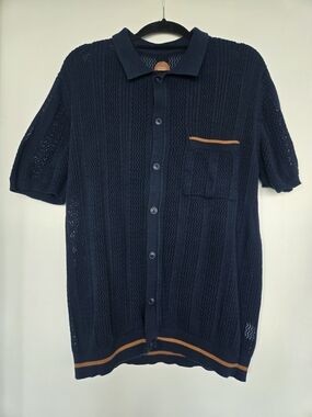 ​Common People Mens L Open Knit Crochet Polo Shirt Navy Blue Button Down